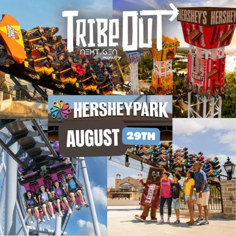 Collage promoting a Hersheypark event: 'Tribe Day' for Next Gen Ministry on August 29th.