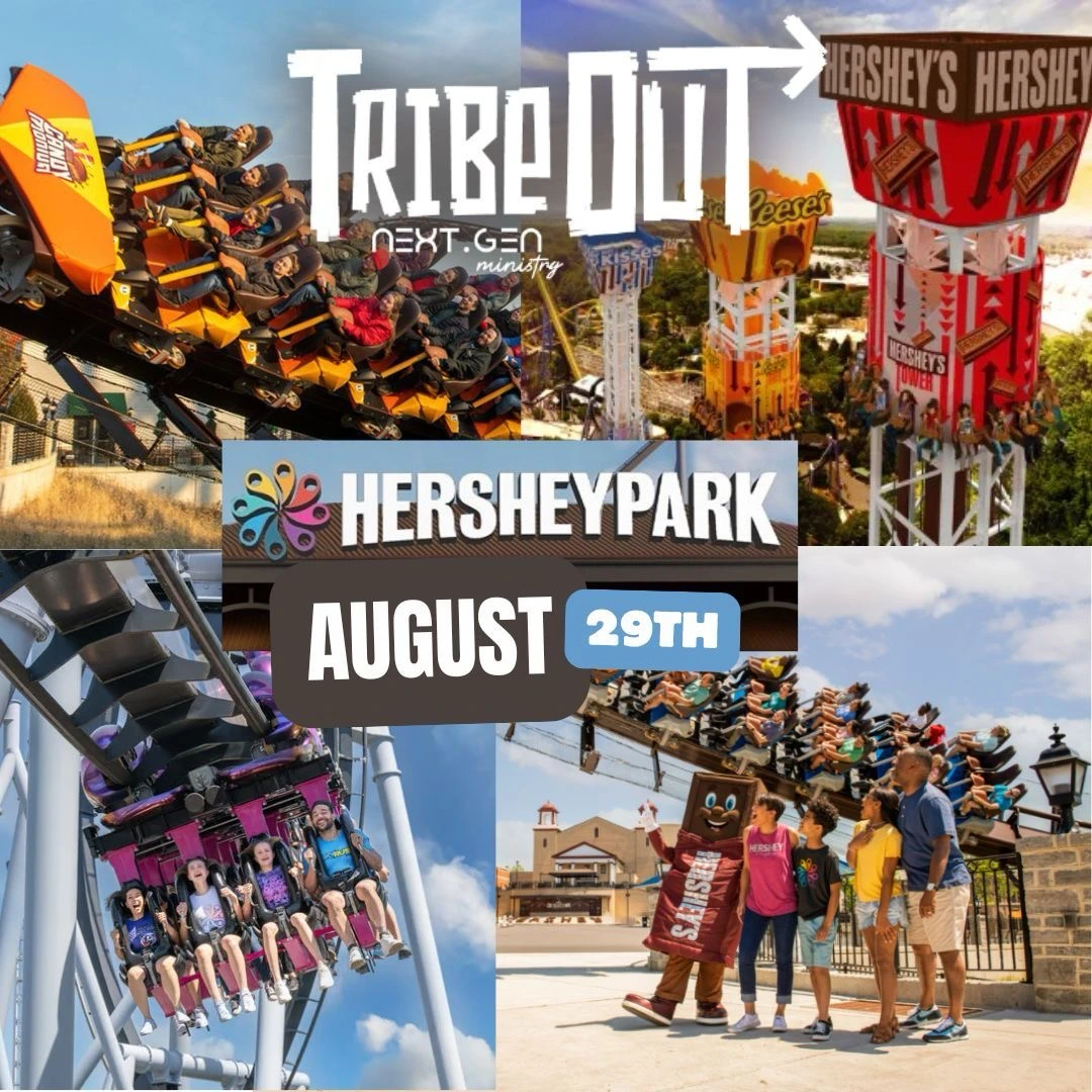 Collage promoting a hersheypark event: 'tribe day' for next gen ministry on august 29th.