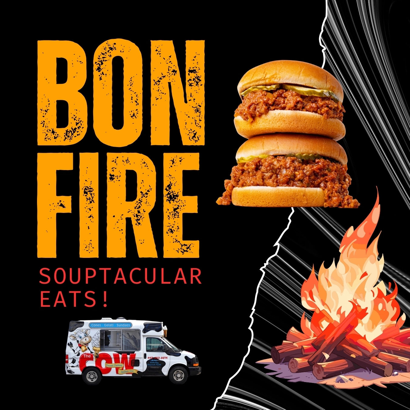 Promotional poster for 'bone fire' with stacked fried chicken sandwiches, fire graphic, and a food truck image on a black background.
