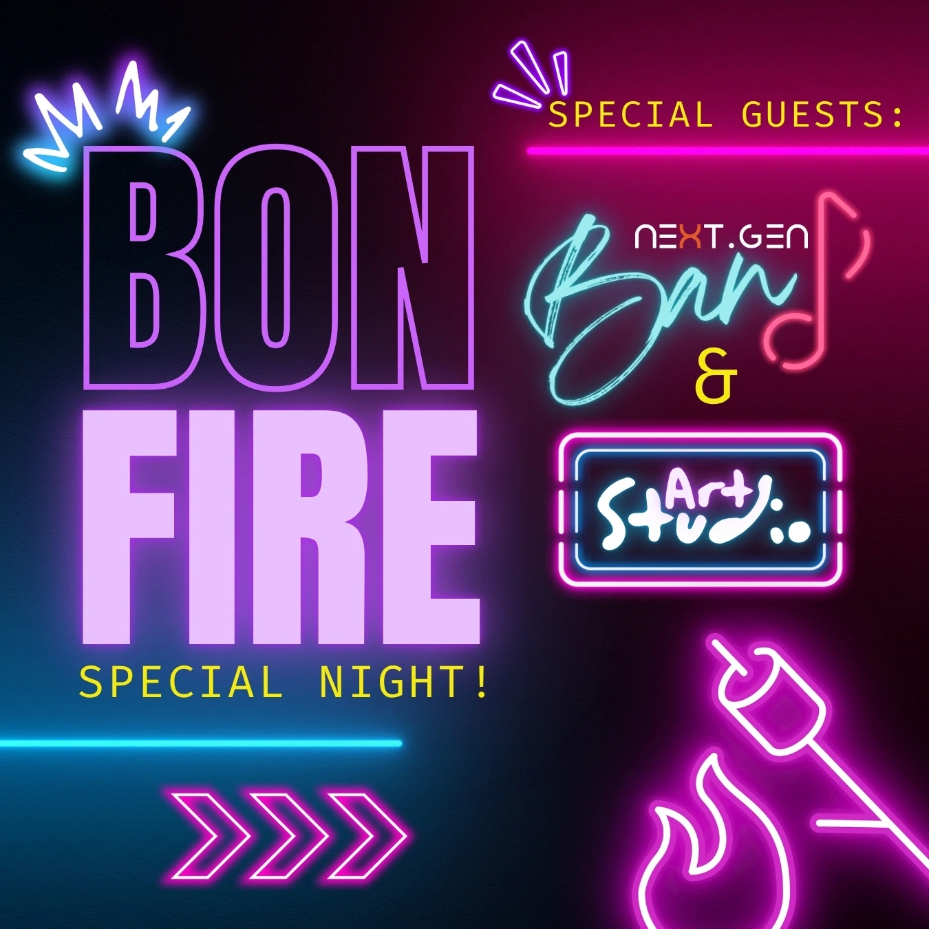 Neon-lit event poster announcing a special night with bold 'boun fire' text, plus 'special guests: next gen' and a neon art-studio sign.