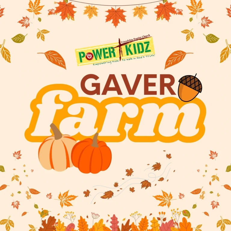 Fall-themed poster for Gaver Farm featuring pumpkins in front of large 'farm' lettering, autumn leaves border, and a Power Kidz banner at the top.