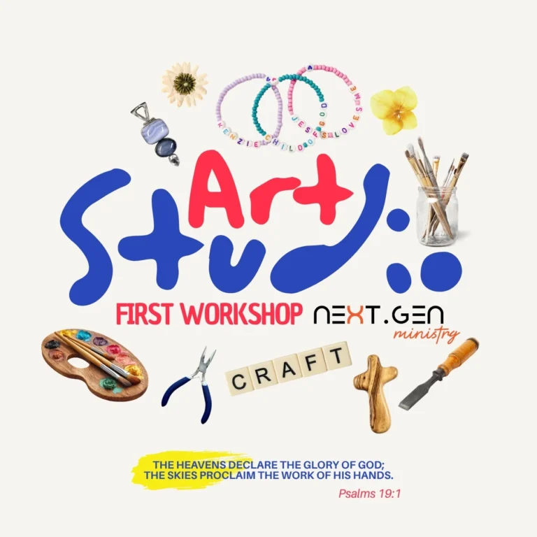 Colorful Art Workshop poster with craft supplies (palette, brushes, beads, pliers) and bold 'Art' logo for Next Gen ministry; Psalm 19:1.