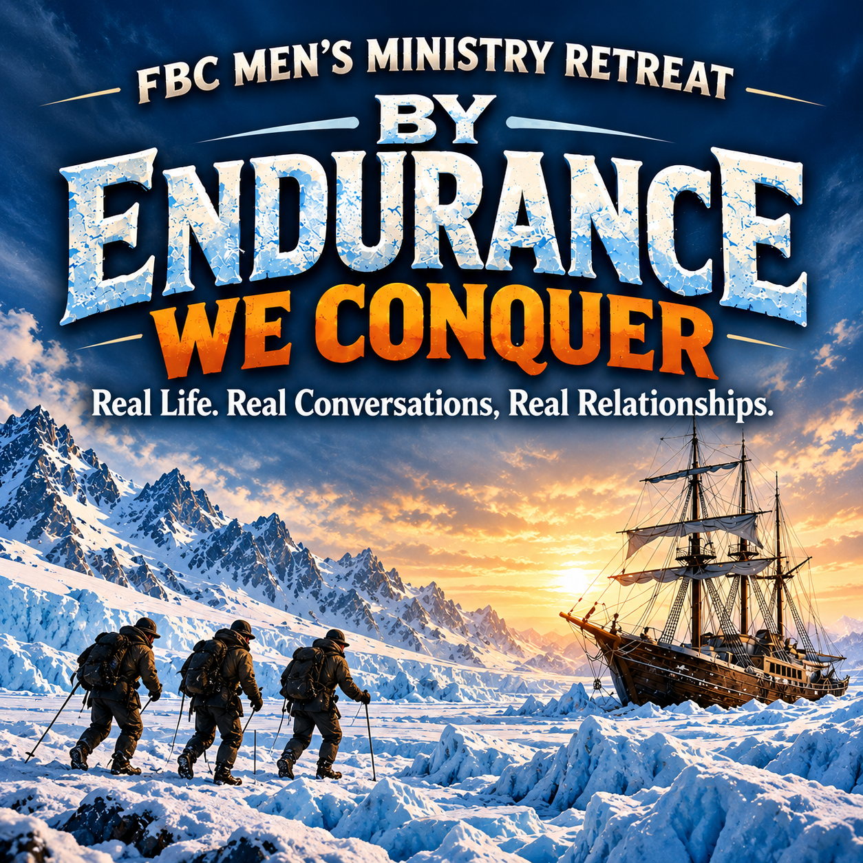 Promotional poster for an fbc men's retreat: endurance—we conquer, with climbers in a snowy landscape and a sailing ship at sunset.